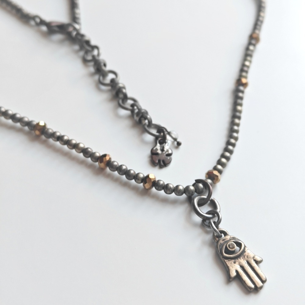Lucky Brand Beaded Hamsa Evil Eye Pendant Necklace Boho Silver Gold Tone